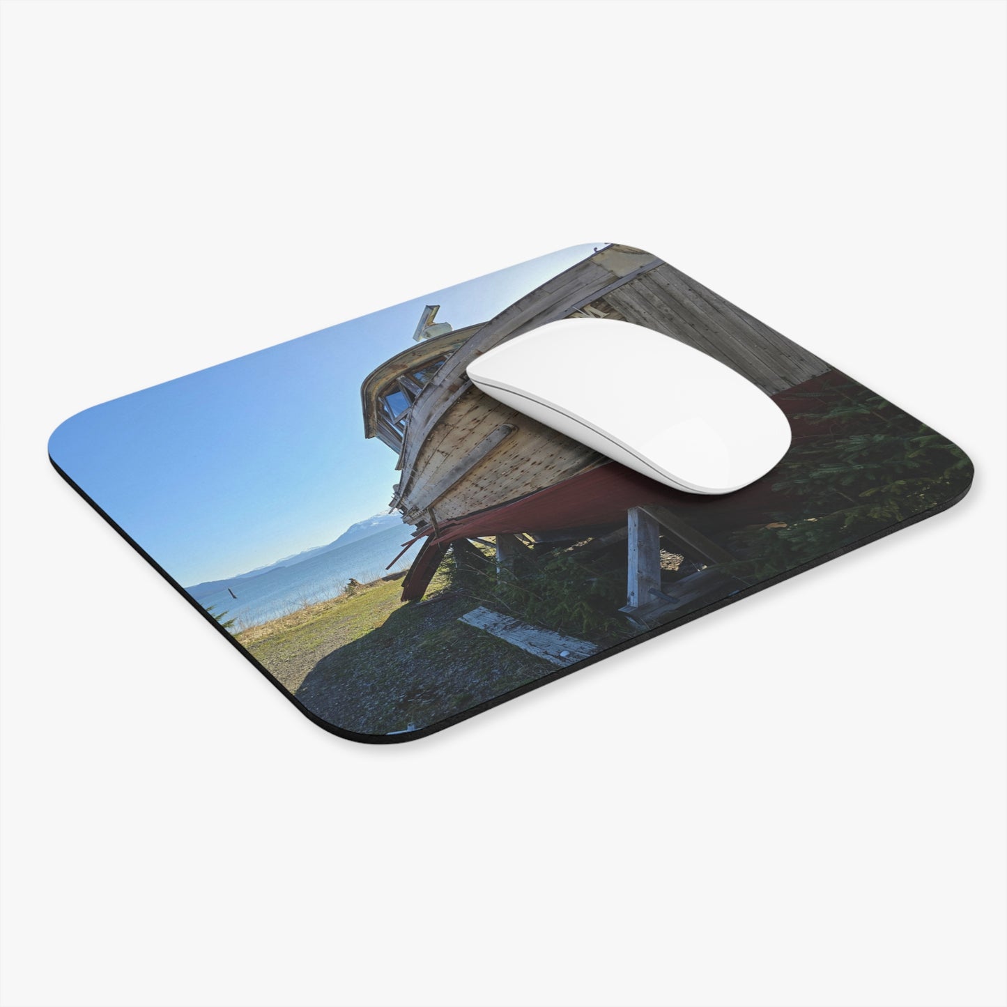 Mentally on an Island, Physically at My Desk, Rustic Wooden Boat, Mouse Pad (Rectangle)